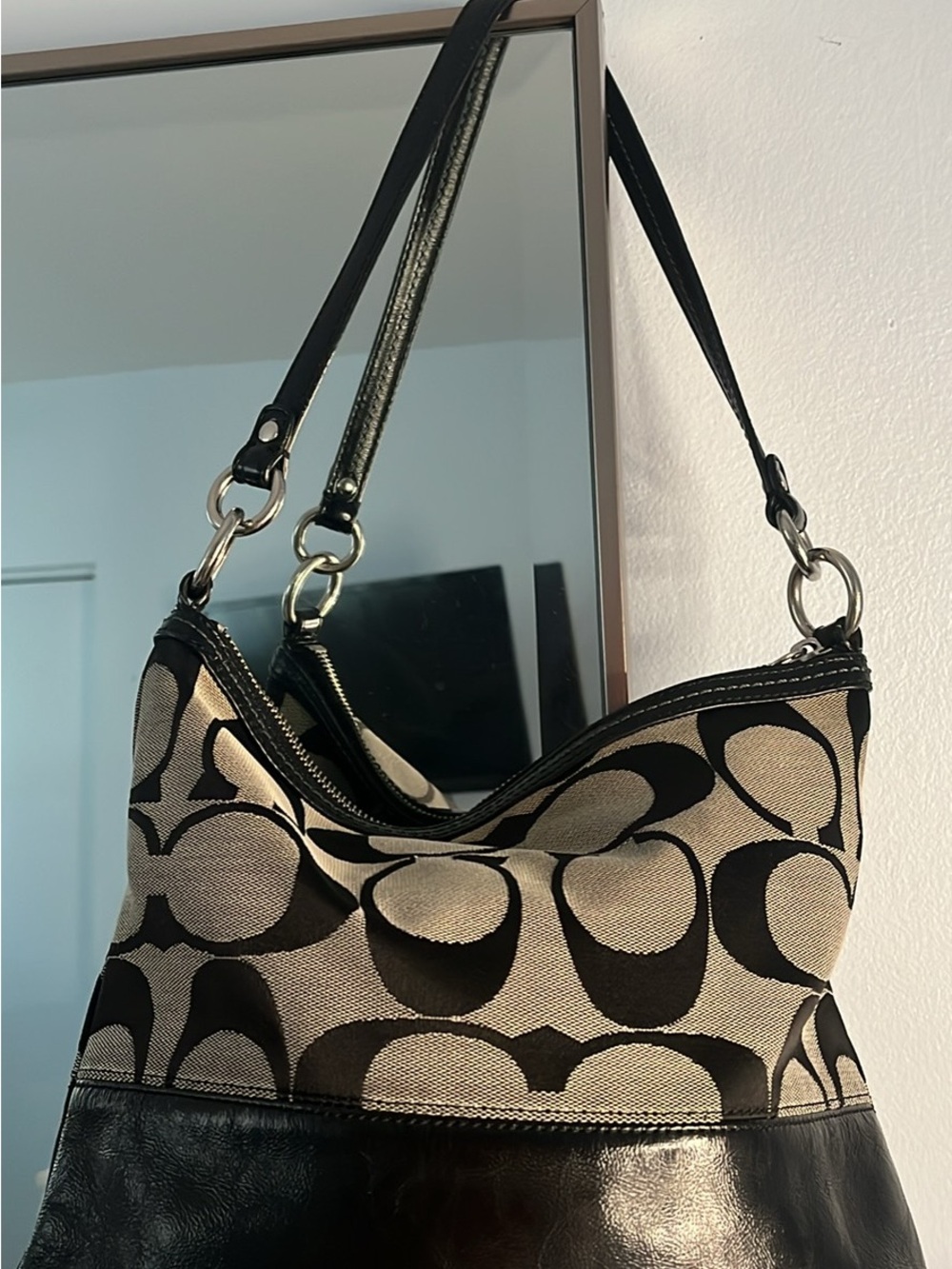 Coach Signature Canvas Shoulder Bag in Black and Beige